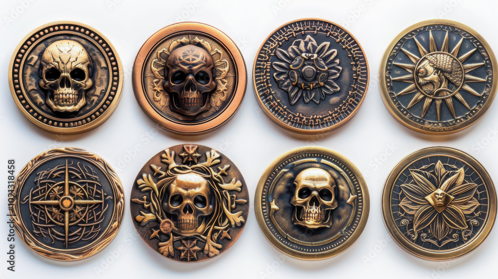 Set of Gold Coins with Monster and Skull Designs Set of Gold Coins with Monster and Skull Designs