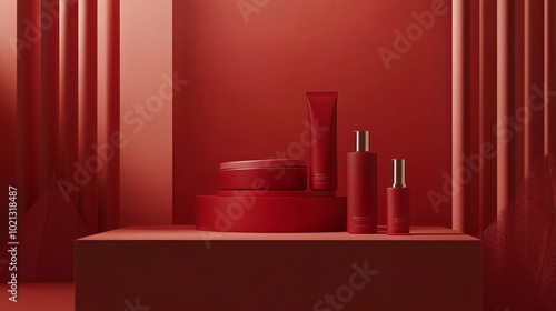Abstract minimalist design featuring a red color scheme. The 3D-rendered podium is perfect for showcasing cosmetics or other products. Its clean lines