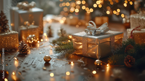 Elegant festive gift-giving scene featuring gold and silver wrapped presents, shimmering ribbons, and twinkling lights on polished wood. High-quality, well-lit photography with bokeh effect.