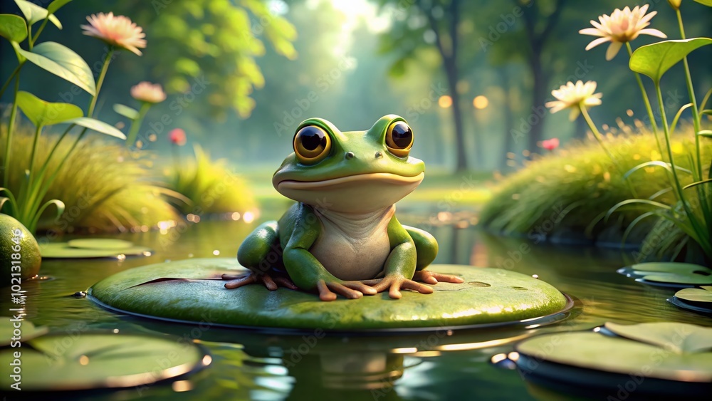 Cute Cartoon Frog Sitting on a Lily Pad in a Serene Pond Surrounded by Nature and Greenery Cute Cartoon Frog Sitting on a Lily Pad in a Serene Pond Surrounded by Nature and Greenery