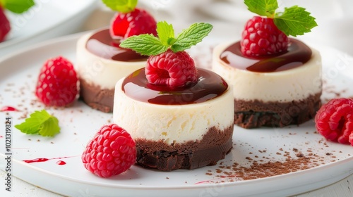 Chocolate cheesecake bites with raspberry sauce