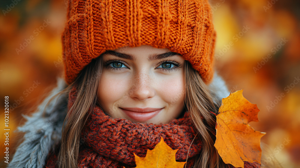 Young girl in a cozy hat and scarf against the background of an autumn forest. Banner design for Christmas and Thanksgiving with space for text Young girl in a cozy hat and scarf against the background of an autumn forest. Banner design for Christmas and Thanksgiving with space for text