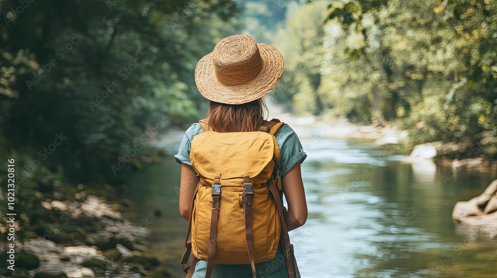 Woman with Backpack and Straw Hat Gazing at a River Woman with Backpack and Straw Hat Gazing at a River