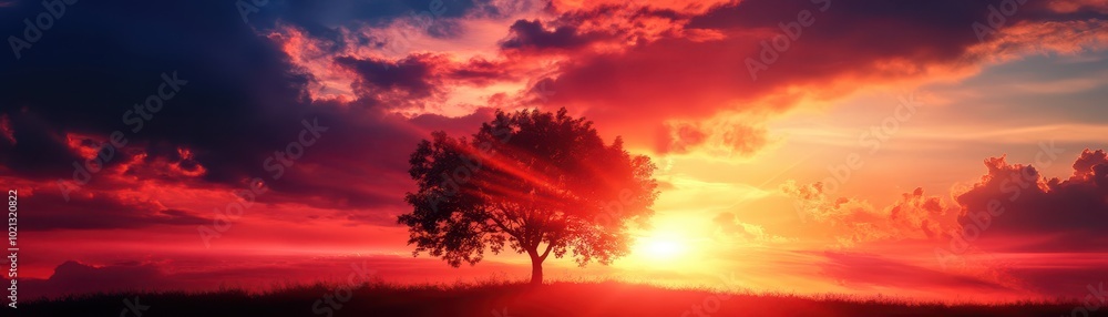 Fototapeta premium Silhouette of a tree against a vibrant sunset with colorful clouds and brilliant light rays.