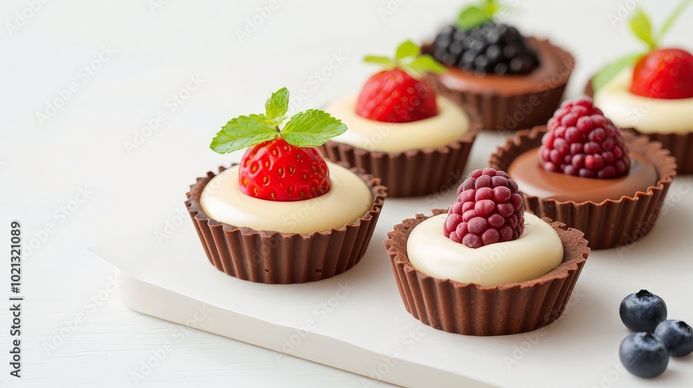 Assorted mini chocolate tarts with fruit toppings Assorted mini chocolate tarts with fruit toppings