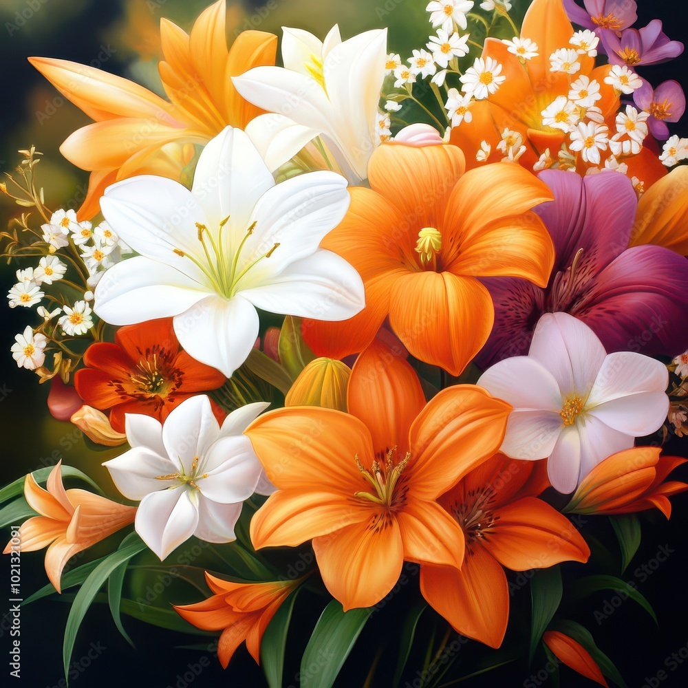 Obraz premium Vibrant bouquet of mixed flowers in orange, white, and purple against a blurred background.
