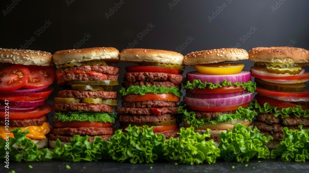 Close-up of Stacked Burgers with Various Toppings Close-up of Stacked Burgers with Various Toppings