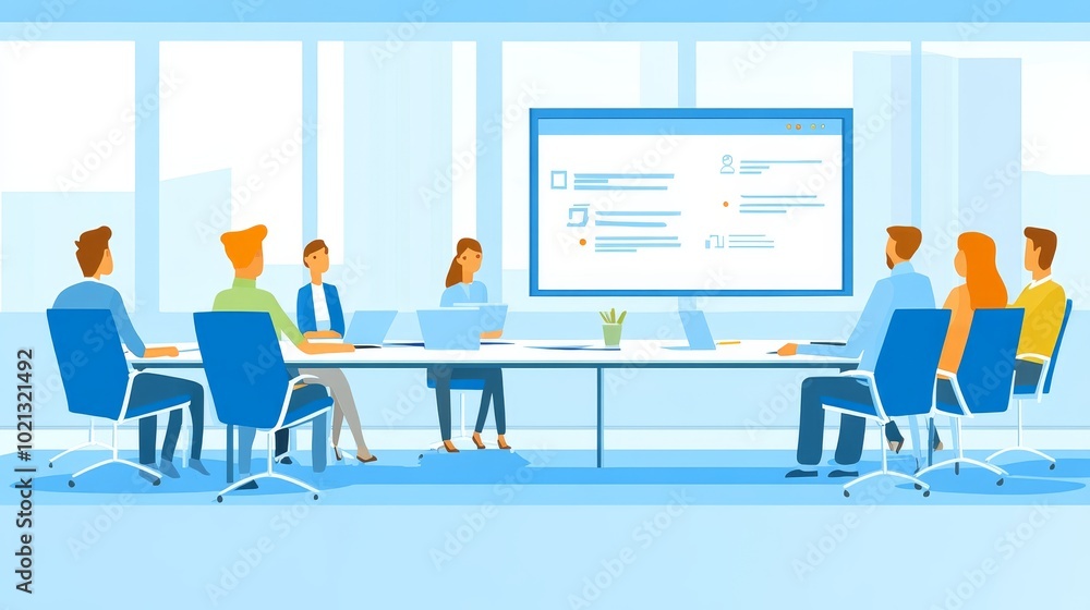 A business meeting in a modern office with participants discussing on a large screen. A business meeting in a modern office with participants discussing on a large screen.