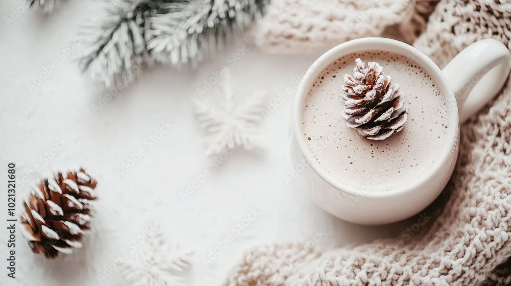 Cozy Warm Winter Drink Featuring a Pine Cone on Top, Accompanied by a Soft Warm Blanket Cozy Warm Winter Drink Featuring a Pine Cone on Top, Accompanied by a Soft Warm Blanket