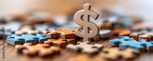 A metal dollar sign on assorted puzzle pieces, symbolizing financial challenges and solutions.