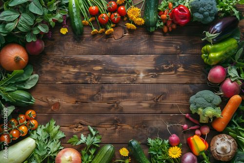 Top view of vibrant vegetables and flowers arranged in the shape of an oval on a wooden background.