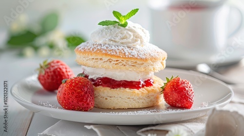 Strawberry scones with jam and clotted cream, cozy tea setting
