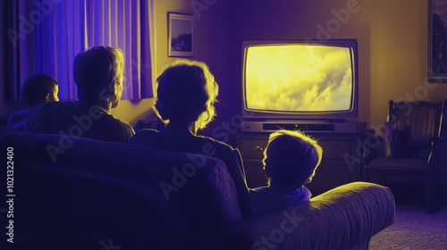 Duotone family in living room anxiously watching weather updates on TV. Purple and yellow color scheme with dramatic lighting and high contrast. Commercial-ready composition.