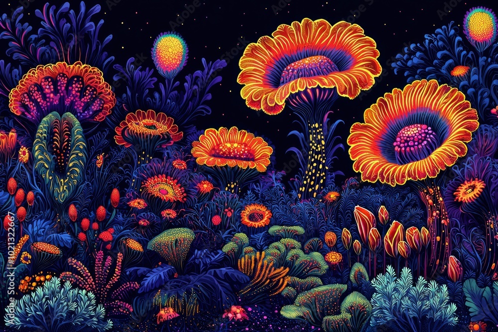 A Nighttime Forest of Bioluminescent Plants with Abstract Patterns A Nighttime Forest of Bioluminescent Plants with Abstract Patterns