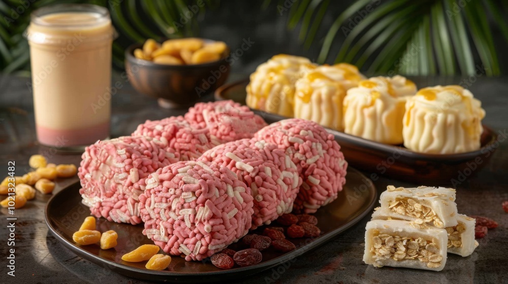 An inviting platter of Indian festive sweets, featuring coconut ladoos, barfi, and other traditional treats, arranged elegantly for celebration or special occasions
An inviting platter of Indian festive sweets, featuring coconut ladoos, barfi, and other traditional treats, arranged elegantly for celebration or special occasions