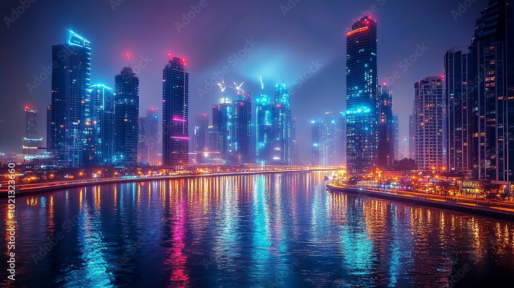 Illuminated Skyscrapers Reflecting in a Calm Waterway at Night Illuminated Skyscrapers Reflecting in a Calm Waterway at Night