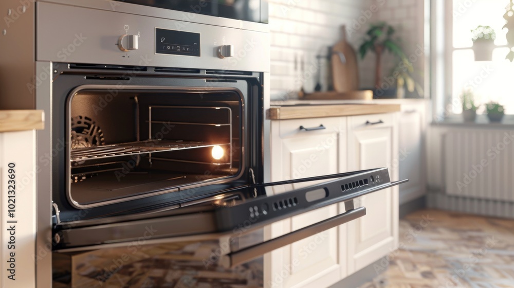 Fototapeta premium Modern Kitchen with Open Oven Door and Stainless Steel Appliance