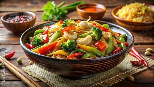 Delicious golden bowl of chop suey with colorful vegetables and savory sauce on a wooden table