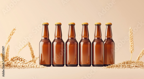 Six brown beer bottles standing with barley spikes and grains on each side