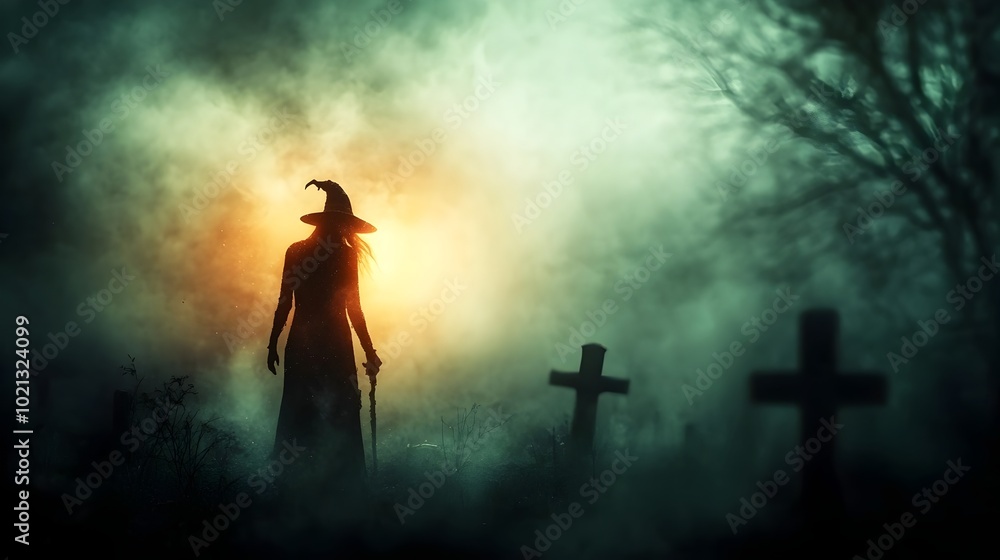 Ghostly apparitions emerge from the eerie fog swirling around an old decrepit graveyard on All Hallows Eve creating a somber and unsettling atmosphere with dark Ghostly apparitions emerge from the eerie fog swirling around an old decrepit graveyard on All Hallows Eve creating a somber and unsettling atmosphere with dark