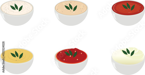 French sauce with the bowl,
The 5 French Mother Sauces-Bechamel, Velouté, Espagnole, Hollandaise, Tomato and Mayonnaise 