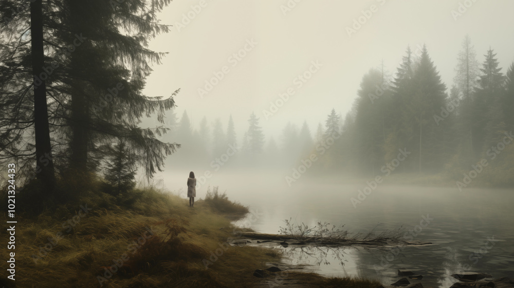 The park is filled with fog and a woman is walking by the river in the distance The park is filled with fog and a woman is walking by the river in the distance
