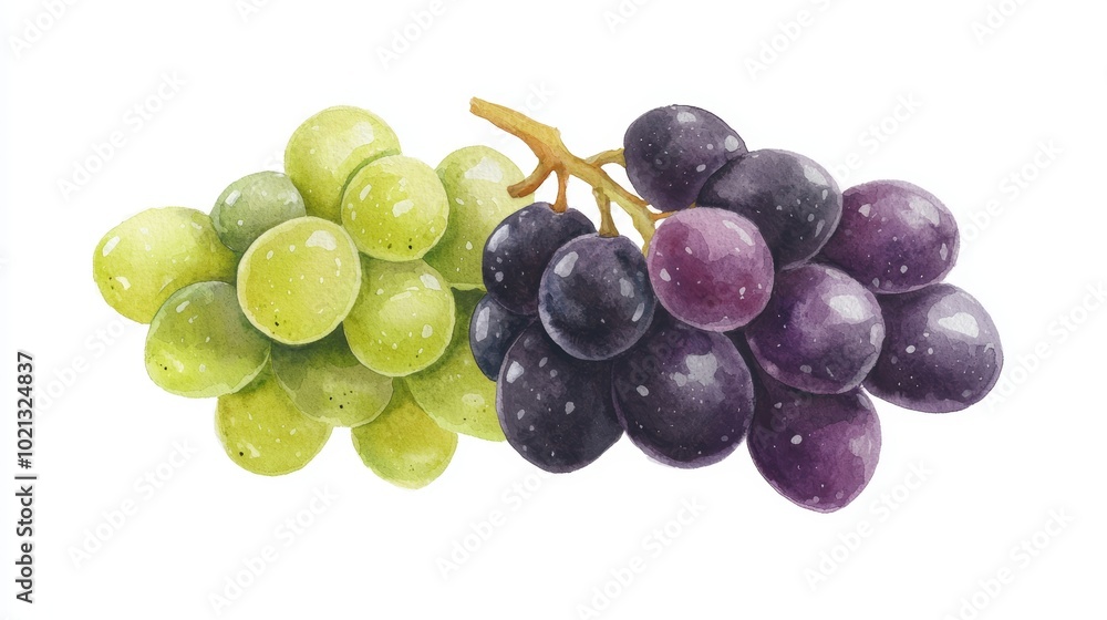 Fresh green and purple grapes displayed side by side, showcasing their vibrant colors and natural texture. Fresh green and purple grapes displayed side by side, showcasing their vibrant colors and natural texture.