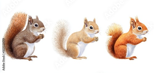 Three cute squirrels in varying shades of brown and orange, each holding a nut and standing upright against a pale background.