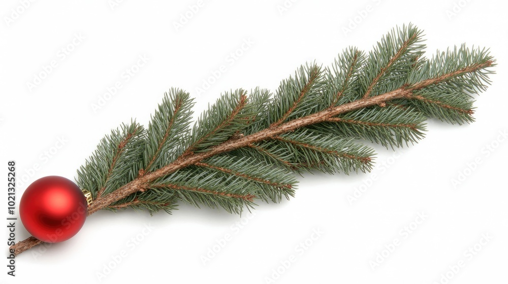 This elegant Christmas tree branch features a bright red ornament, enhancing its festive appeal against a pristine white background, perfect for holiday decorations This elegant Christmas tree branch features a bright red ornament, enhancing its festive appeal against a pristine white background, perfect for holiday decorations