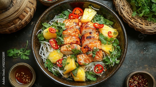 A beautifully arranged top-down view of a Canh Chua bowl, showcasing tender fish fillets, pineapple chunks, tomatoes, and bean sprouts, garnished with fresh herbs and chili slices.