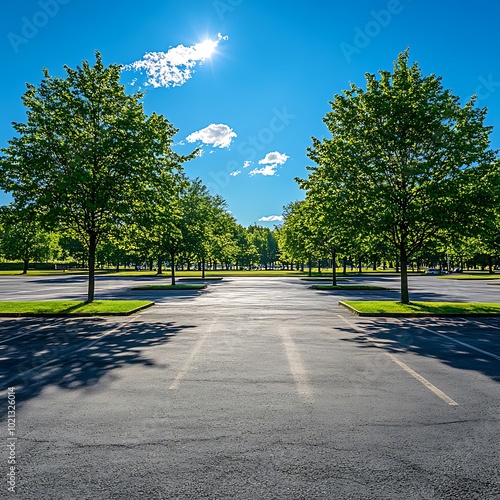 A serene parking lot surrounded by lush trees under a clear blue sky.