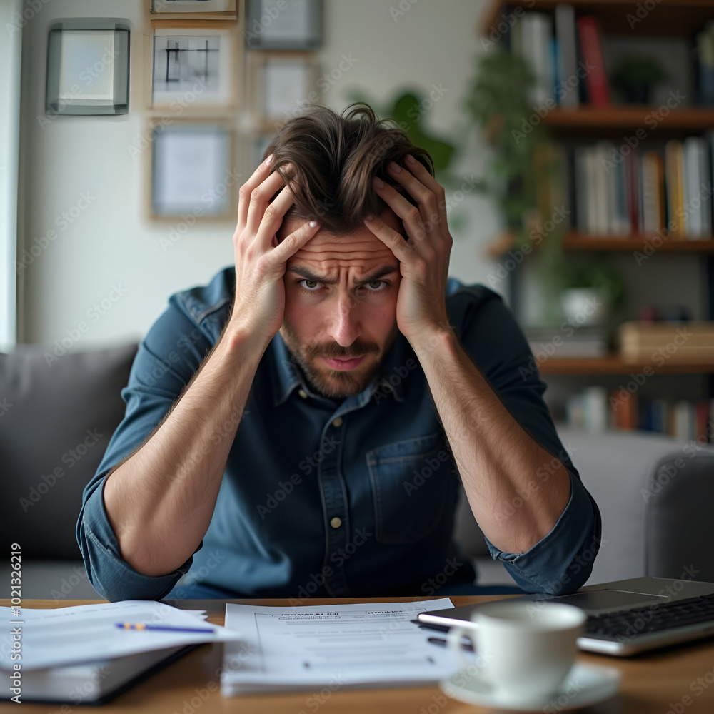 Stressed Man Holding Head in Hands While Sitting on Couch in Home Office Stressed Man Holding Head in Hands While Sitting on Couch in Home Office