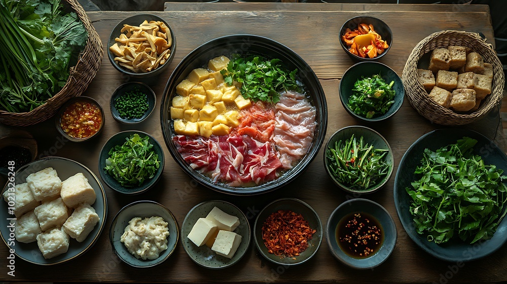 A beautifully arranged top-down view of a Lau hot pot feast, with separate plates of raw meats, seafood, tofu, and vegetables arranged neatly around the simmering pot. A beautifully arranged top-down view of a Lau hot pot feast, with separate plates of raw meats, seafood, tofu, and vegetables arranged neatly around the simmering pot.