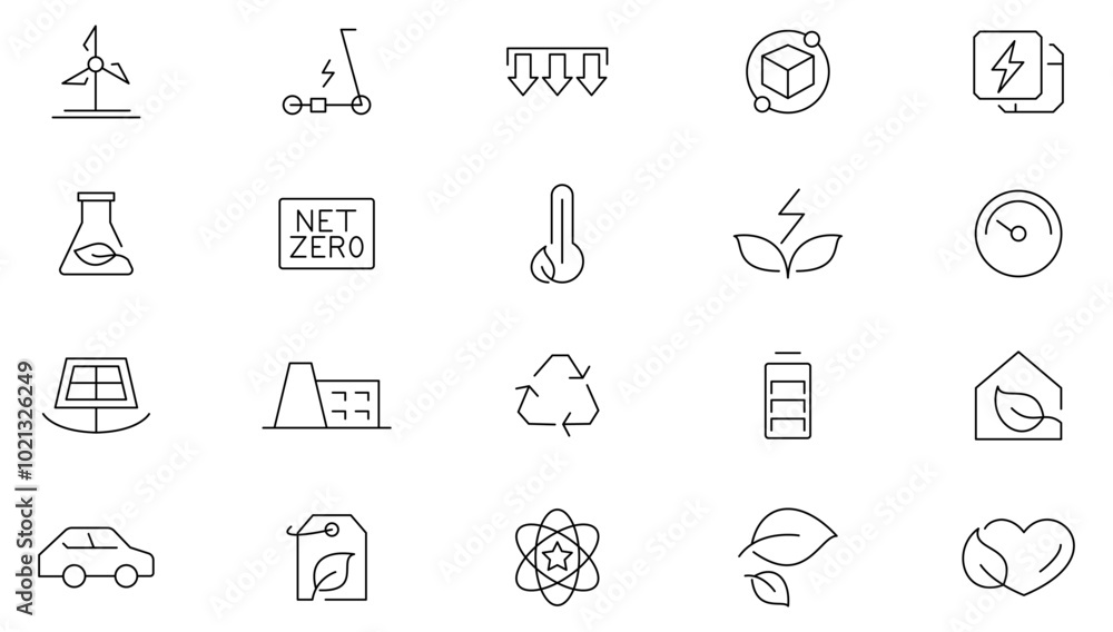 Net zero line icon set. Eco, carbon footprint, CO2 neutral, solar energy, wind power, renewable energy, low carbon city, emission-free, sustainable future line icon set. Ui thin line icon pack. Net zero line icon set. Eco, carbon footprint, CO2 neutral, solar energy, wind power, renewable energy, low carbon city, emission-free, sustainable future line icon set. Ui thin line icon pack.