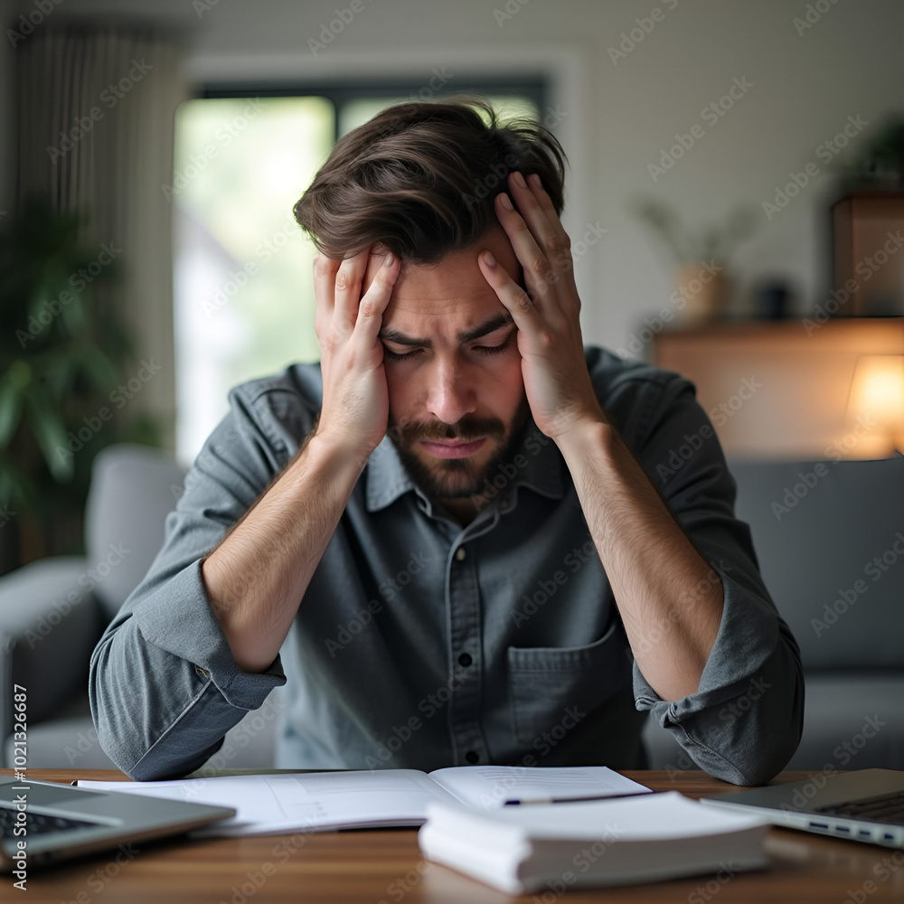 Stressed Man Holding Head in Hands While Sitting on Couch in Home Office Stressed Man Holding Head in Hands While Sitting on Couch in Home Office