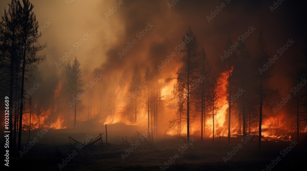 Fire accident in forest area due to global warming. Neural network ai generated art Fire accident in forest area due to global warming. Neural network ai generated art