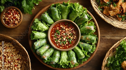 A beautifully arranged top-down view of a plate of Cha Gio spring rolls, served with lettuce wraps, fresh herbs, and a bowl of sweet chili sauce in the center, sprinkled with crushed peanuts. photo