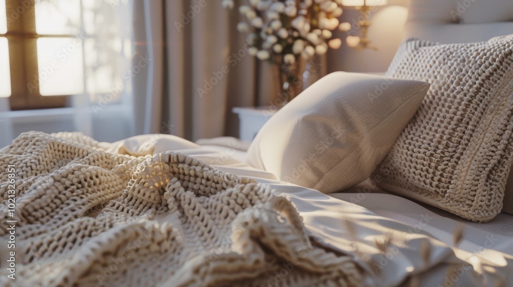 Cozy Bedroom Interior with White Bedding and Sunlight Cozy Bedroom Interior with White Bedding and Sunlight