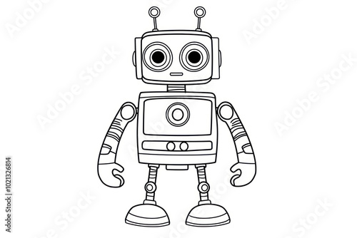 Robot, coloring page for kids, line art, black and white.