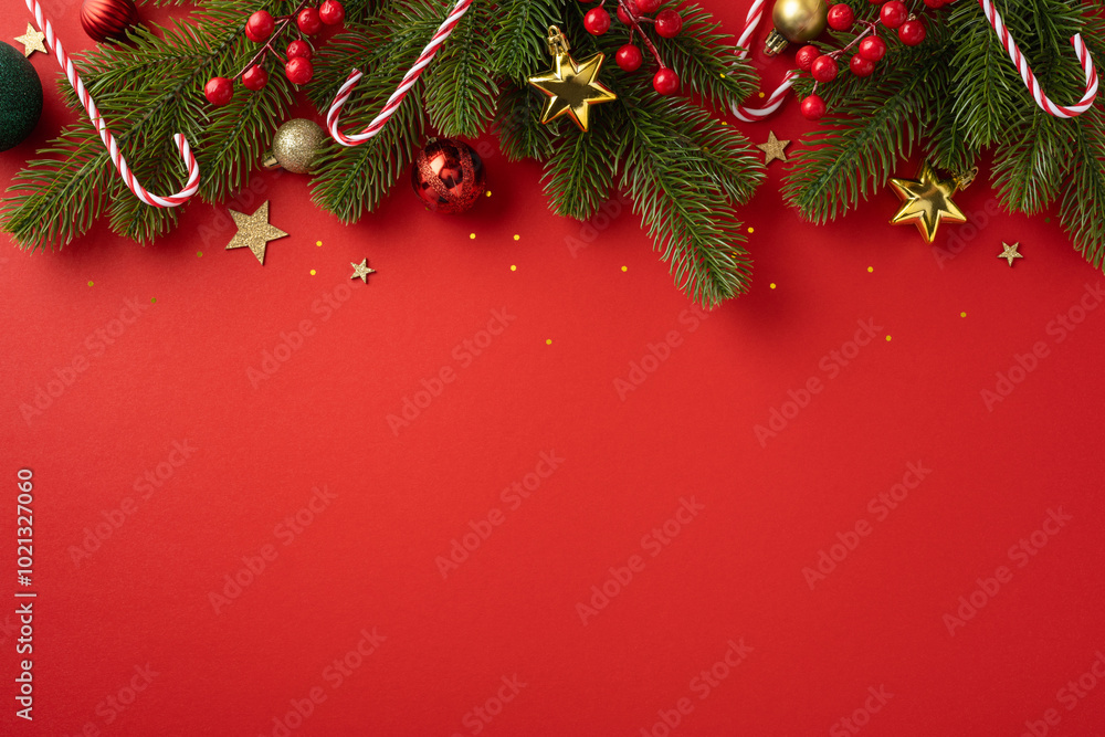 A vibrant red Christmas background featuring pine branches, candy canes, and golden stars, evoking holiday cheer and festive spirit A vibrant red Christmas background featuring pine branches, candy canes, and golden stars, evoking holiday cheer and festive spirit