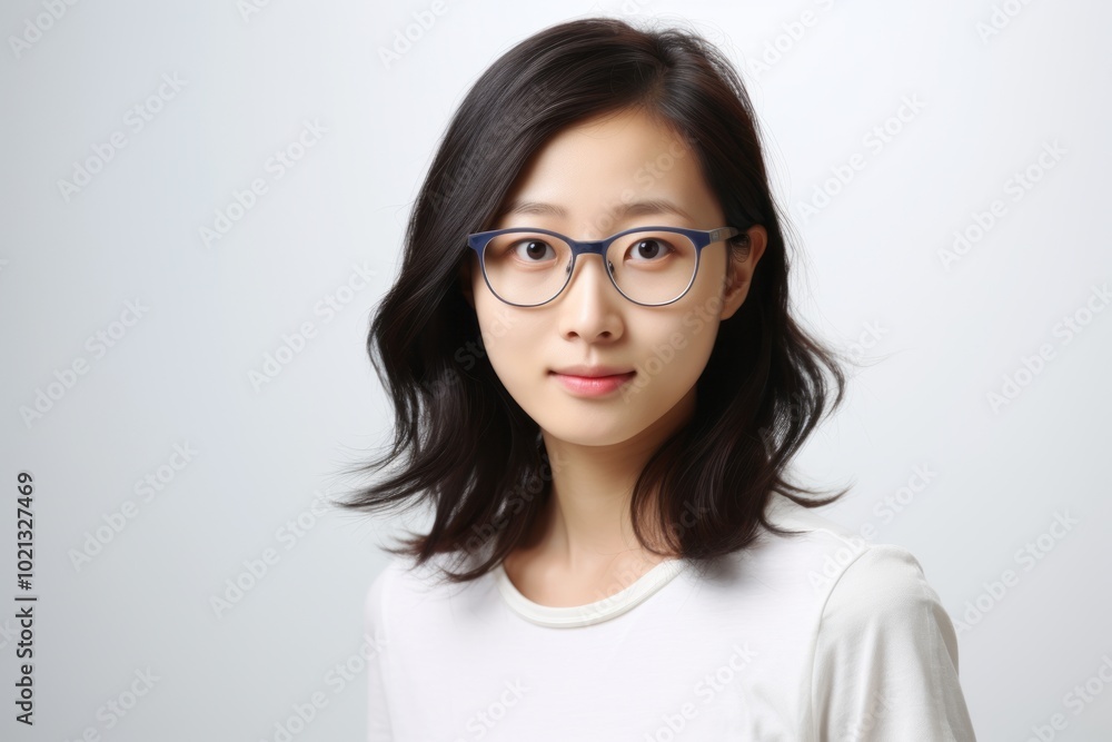 Portrait of a beautiful young asian woman with glasses on gray background Portrait of a beautiful young asian woman with glasses on gray background
