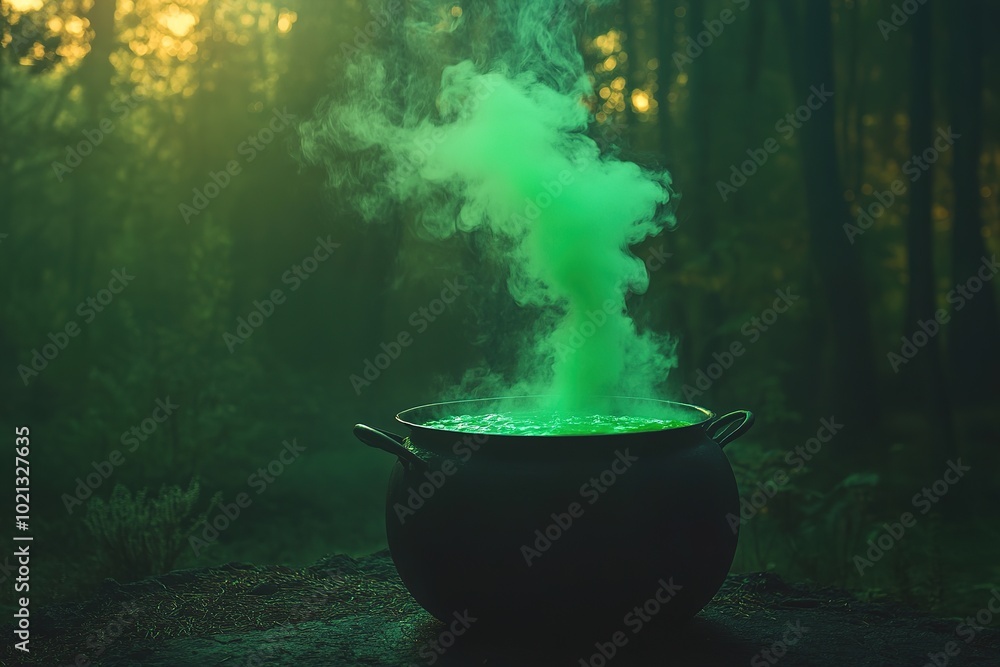 Mystical green smoke rising from cauldron in dark forest Mystical green smoke rising from cauldron in dark forest