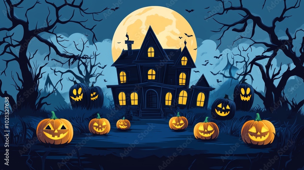 A spooky Halloween night with a full moon illuminating a haunted house, surrounded by glowing jack-o'-lanterns and bare twisted trees A spooky Halloween night with a full moon illuminating a haunted house, surrounded by glowing jack-o'-lanterns and bare twisted trees