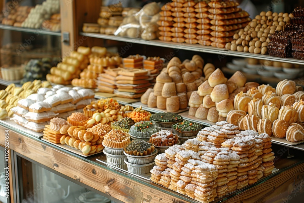 An assortment of traditional Middle Eastern and Turkish sweets displayed in a bakery, featuring stacked pastries, cookies, and other gourmet delicacies, creating a mouth-watering display of baked good An assortment of traditional Middle Eastern and Turkish sweets displayed in a bakery, featuring stacked pastries, cookies, and other gourmet delicacies, creating a mouth-watering display of baked good