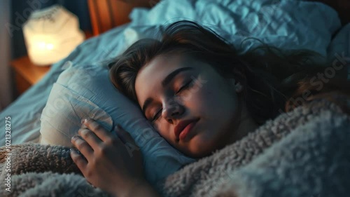 Close Up Young Beauty Woman Sleeping in Bed at Home - Relaxation, Rest, and Comfort Concept