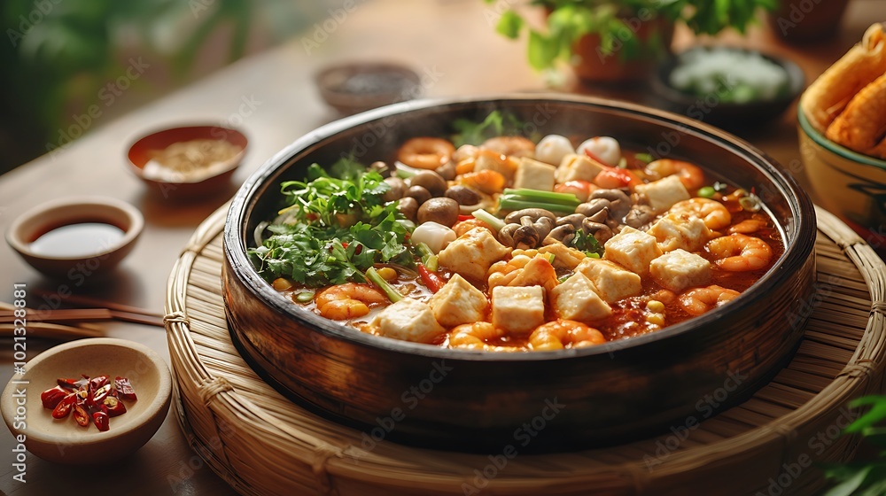 A captivating side-angle shot of a Lau hot pot placed on a traditional bamboo tray, featuring a rich broth filled with shrimp, tofu, mushrooms, and vegetables. A captivating side-angle shot of a Lau hot pot placed on a traditional bamboo tray, featuring a rich broth filled with shrimp, tofu, mushrooms, and vegetables.