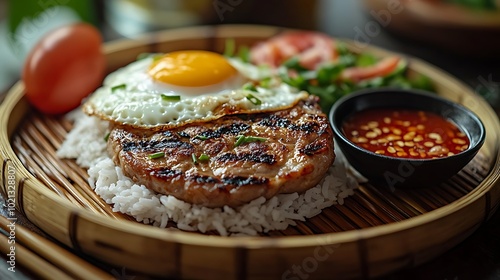 A captivating side-angle shot of a Com Tam dish placed on a traditional bamboo platter, featuring grilled pork chop, a fried egg, and broken rice, with a small bowl of fish sauce on the side.