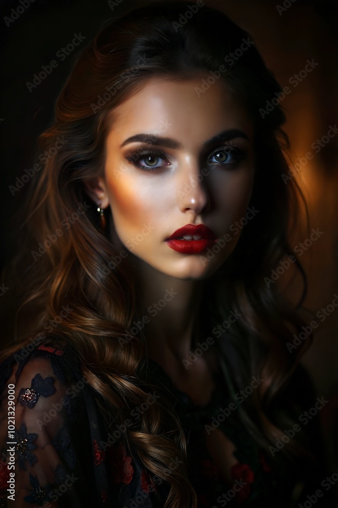 A captivating portrait of a woman with defined features and radiant makeup captured in soft light. Generative AI A captivating portrait of a woman with defined features and radiant makeup captured in soft light. Generative AI