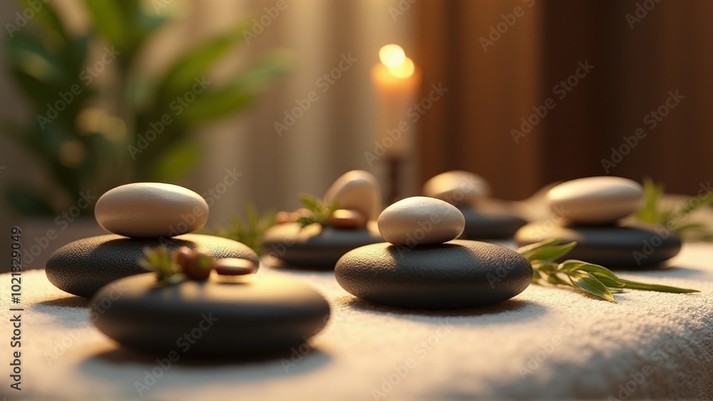 Spa Stones and Greenery on White Towel Spa Stones and Greenery on White Towel