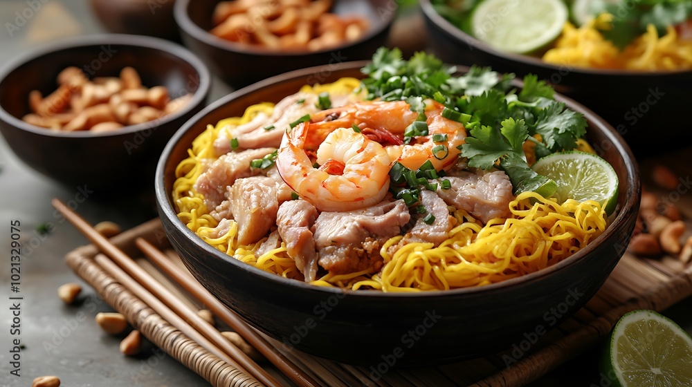 A captivating side-angle shot of a Mi Quang bowl served on a traditional bamboo tray, featuring turmeric yellow noodles, juicy shrimp, and tender pork slices, A captivating side-angle shot of a Mi Quang bowl served on a traditional bamboo tray, featuring turmeric yellow noodles, juicy shrimp, and tender pork slices,